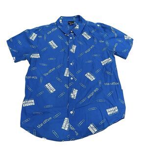 The Office Mens Large Blue Short Sleeve Button-Down Shirt Paper Clip Logo Cotton